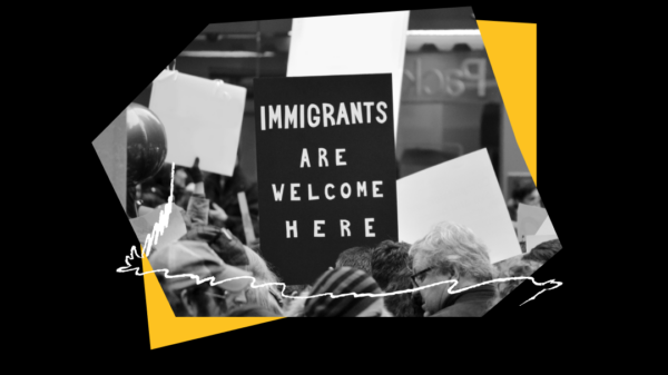 Black background with bold yellow text reading, “THIS COUNTRY BELONGS TO THE PEOPLE” Center image shows a crowd holding signs, including one that reads “IMMIGRANTS ARE WELCOME HERE.” Lower text reads, “JOIN US IN THE STREETS SATURDAY, MARCH 28” and “FIND A PROTEST NEAR YOU,” with the ACLU logo at the bottom.