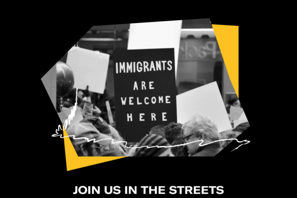 Black background with bold yellow text reading, “THIS COUNTRY BELONGS TO THE PEOPLE” Center image shows a crowd holding signs, including one that reads “IMMIGRANTS ARE WELCOME HERE.” Lower text reads, “JOIN US IN THE STREETS SATURDAY, MARCH 28” and “FIND A PROTEST NEAR YOU,” with the ACLU logo at the bottom.