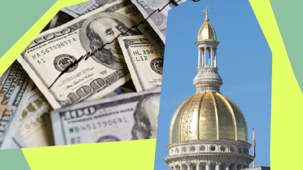 collage elements featuring the NJ statehouse and an image of money against a green background. The ACLU-NJ logo is in the upper left hand corner