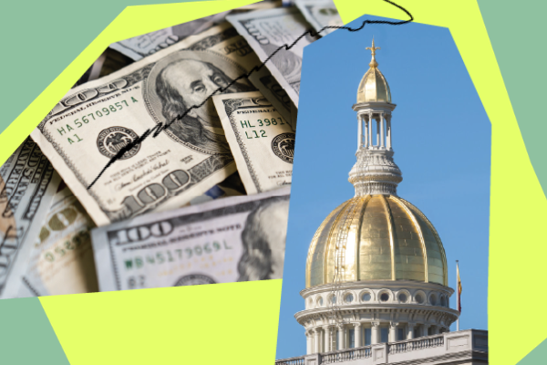 collage elements featuring the NJ statehouse and an image of money against a green background. The ACLU-NJ logo is in the upper left hand corner