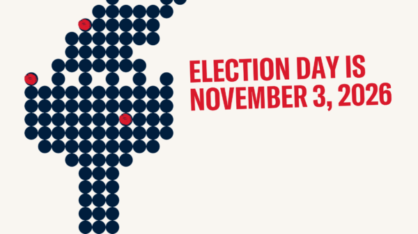An image of a torch made of up circles that represent voting circles with the text "Election Day is November 3, 2026."