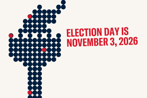 An image of a torch made of up circles that represent voting circles with the text "Election Day is November 3, 2026."