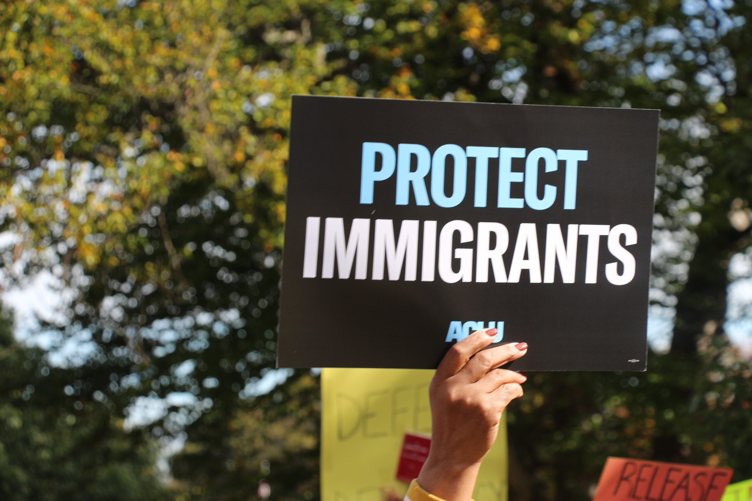 A person holds up a sign reading "Protect Immigrants" with the ACLU logo at a protest. Trees can be seen in the background.