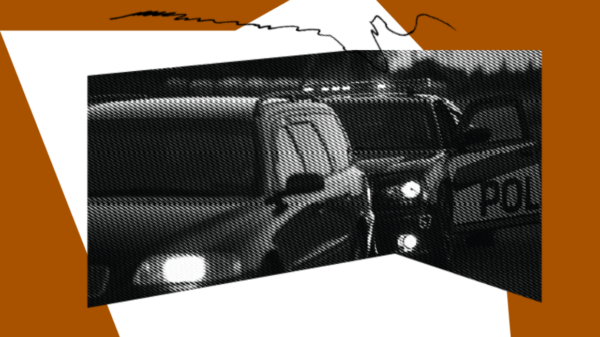 an orange background with collage elements including a photo of a police officer pulling over a car