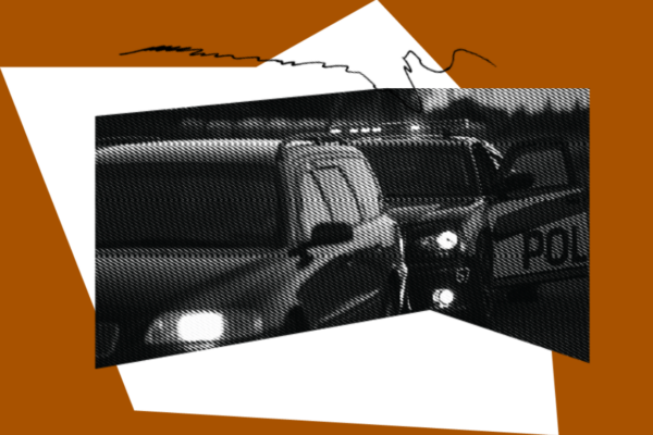 an orange background with collage elements including a photo of a police officer pulling over a car