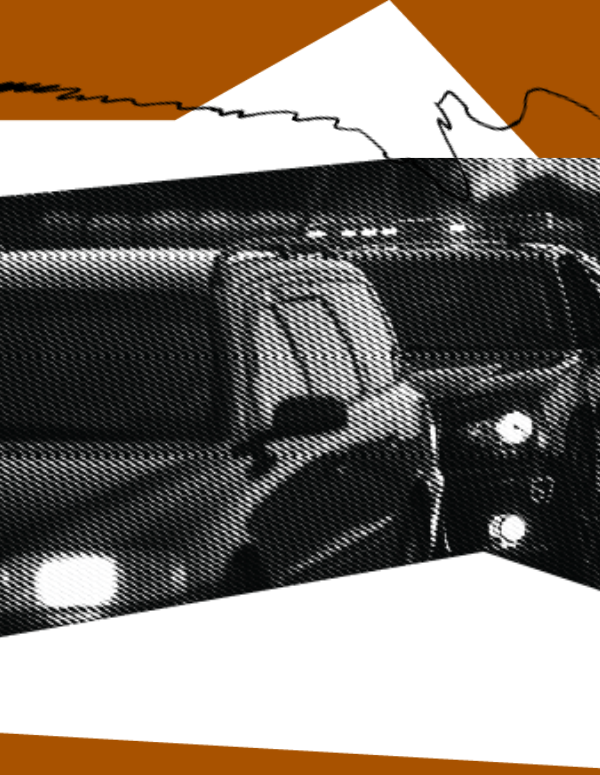 an orange background with collage elements including a photo of a police officer pulling over a car