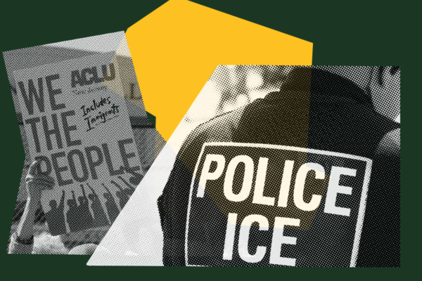 collage elements on a dark green background including a picture of the back of an ICE officer, and a protest sign that reads "we the people includes immigrants"