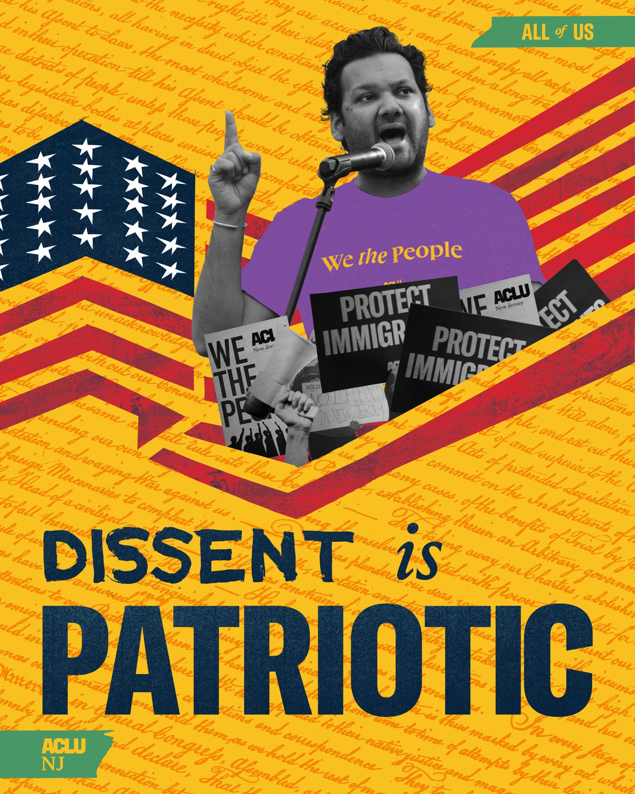 The words "Dissent is Patriotic" in navy text against a gold background. Collage elements include a man speaking behind a microphone, protest signs and the American flag.