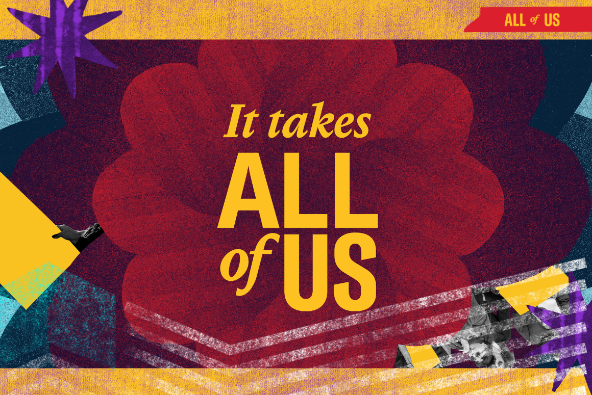 All of Us in gold text against a red background. Collage elements include people holding protest signs, and a chalk outline of the American flag.