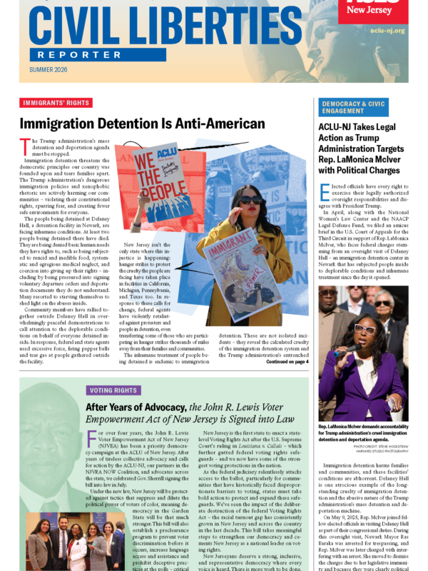An image depicting the cover of the Civil Liberties Reporter. It is newspaper style with headlines and images throughout.