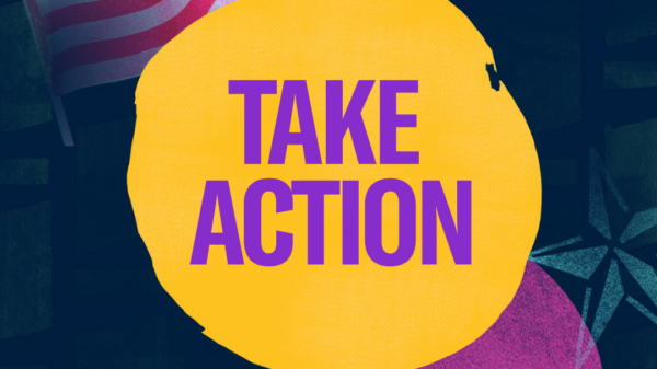 the words "Take Action" in purple font against a circular yellow background. Around the circle are collage elements including a megaphone, stars, and the American flag.