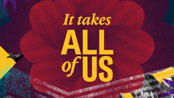 It takes all of Us in gold font with a red background
