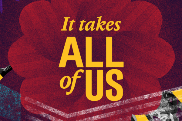 It takes all of Us in gold font with a red background