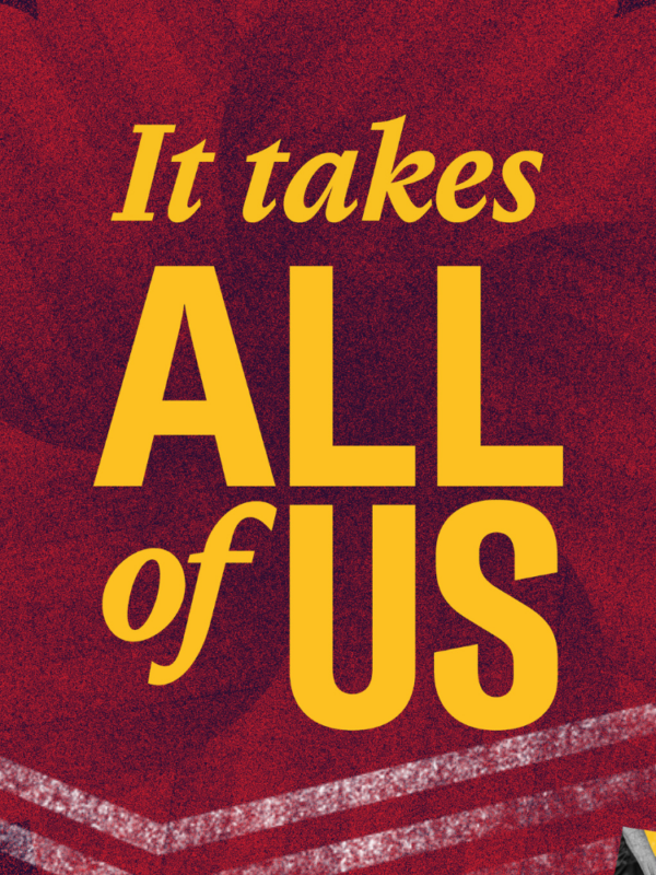 It takes all of Us in gold font with a red background