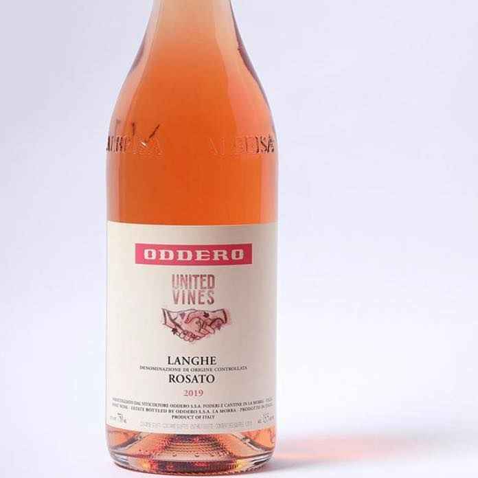 A glass bottle containing pink wine is displayed against a white background. It reads "oddero" and contains the "united vines" winery logo.