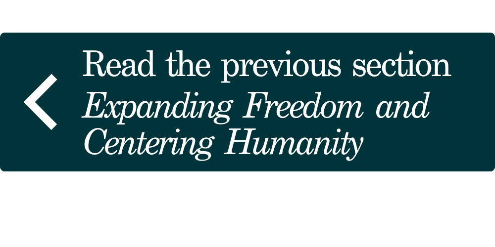 White text on green background reading "Read the next section: Expanding Freedom and Centering Humanity"