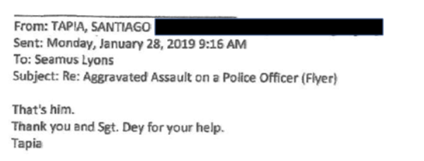 image capture of email between Tapia Santiago and Seamus Lyons 
