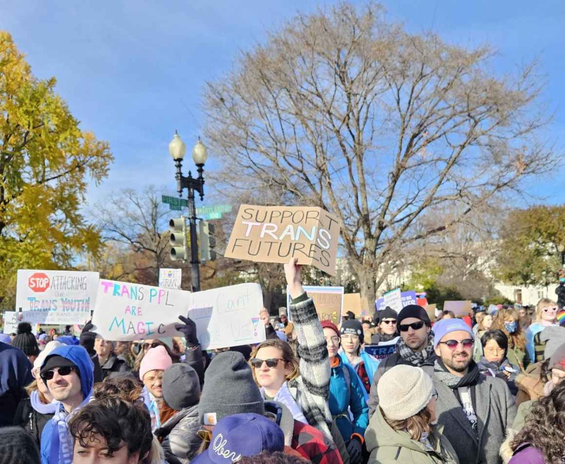 Crowd holding signs supporting Trans Youth