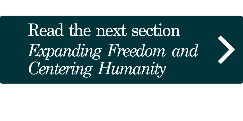 white text on green background reading "Read Next Section: Expanding Freedom and Centering Humanity"