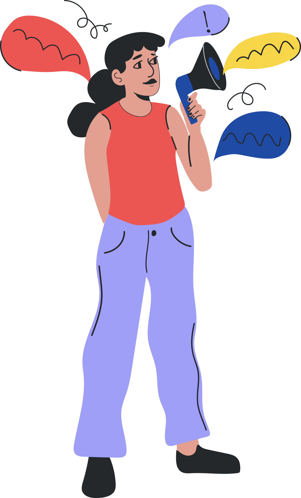 illustration of women with black hair holding a megaphone 