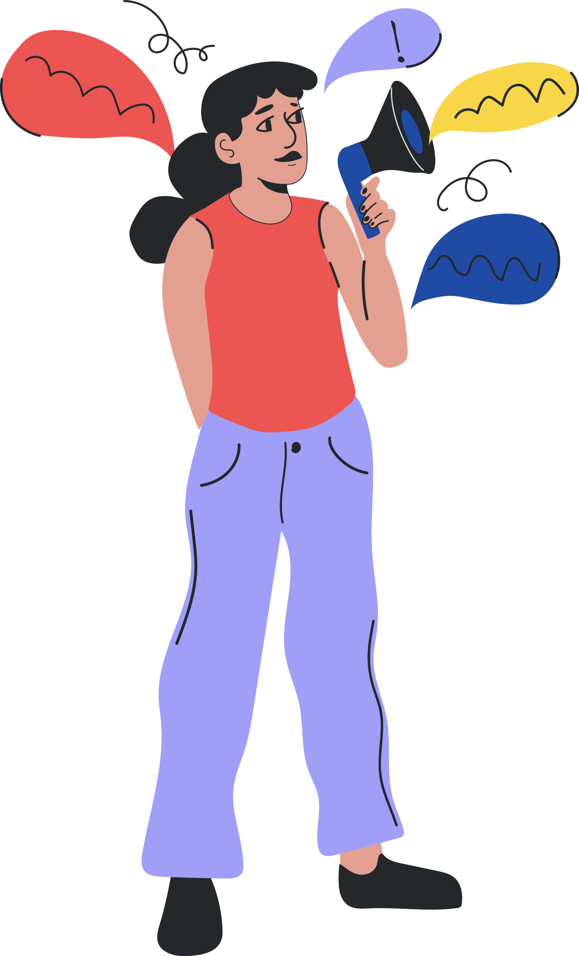 illustration of women with black hair holding a megaphone