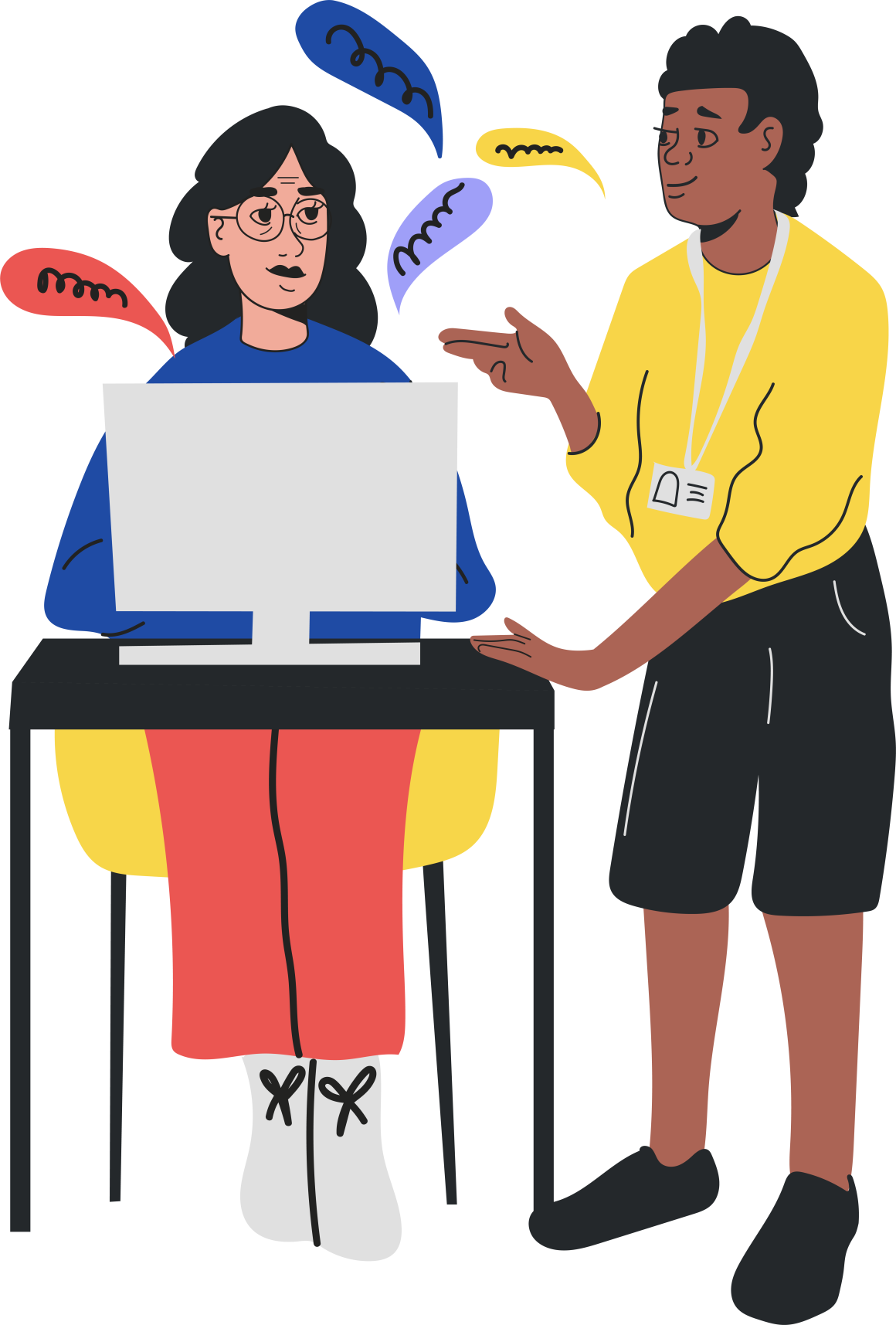 two illustrated people looking over a laptop talking 