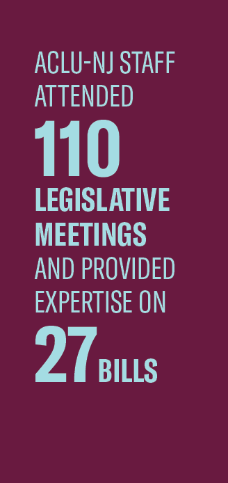 A banner that reads" ACLU-NJ staff attended 110 legislative meetings and provided expertise on 27 bills"