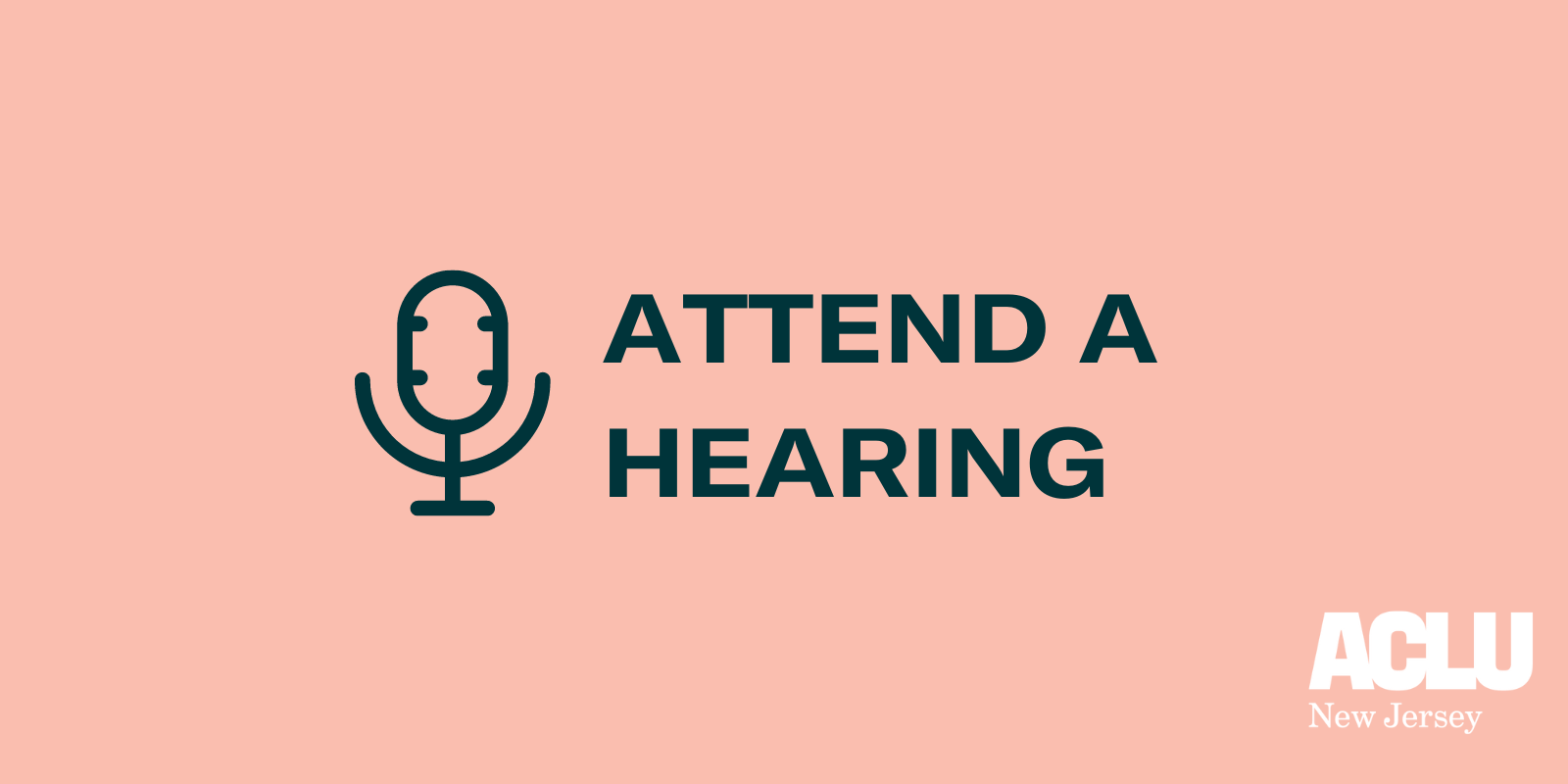 A pink background with an illustration of a microphone and text reading "attend a hearing" in the middle of the graphic