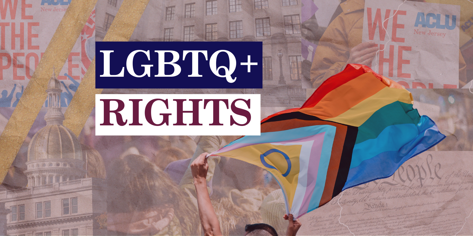 LBGTQ+ Rights on blue and white background with collage elements