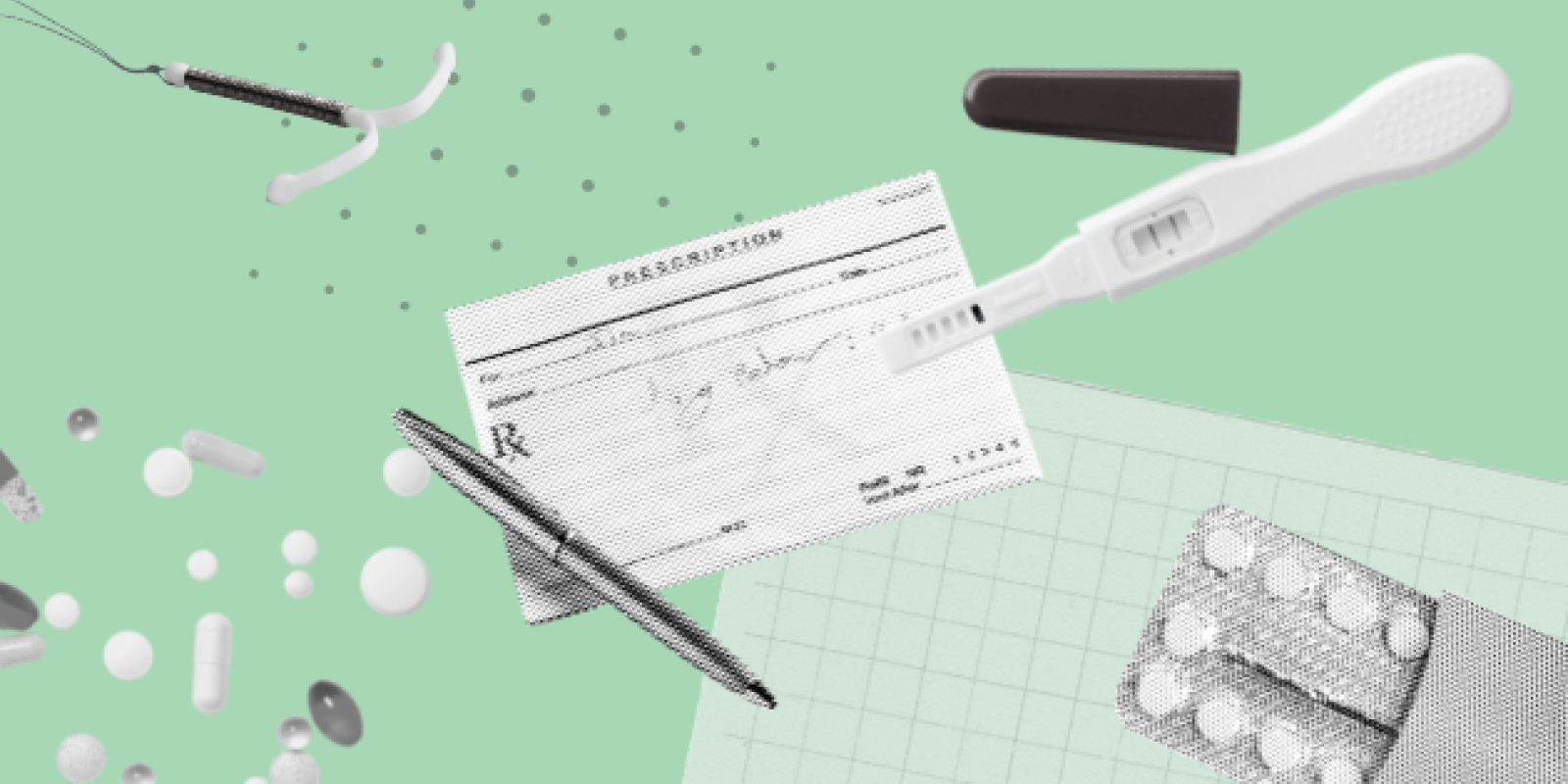 A collage of a prescription pad, an IUD, pregnancy test, and birth control pills