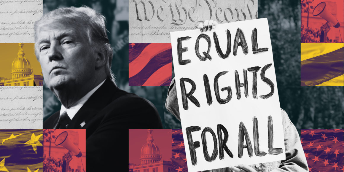 A collage including the face of President Donald Trump, a protest sign reading "Equal Rights for All", the NJ State House, a megaphone, and the American flag.