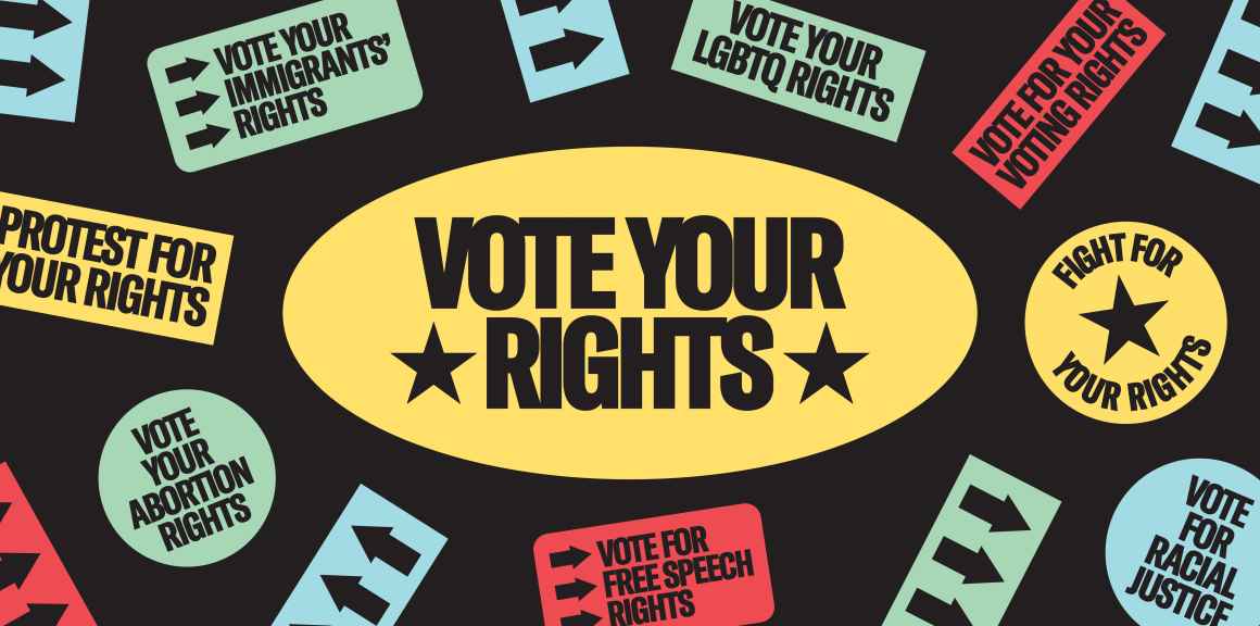 Vote Your Rights with stars, surrounding by types of rights like LGTBQ+, protest, abortion, voting, and more. 