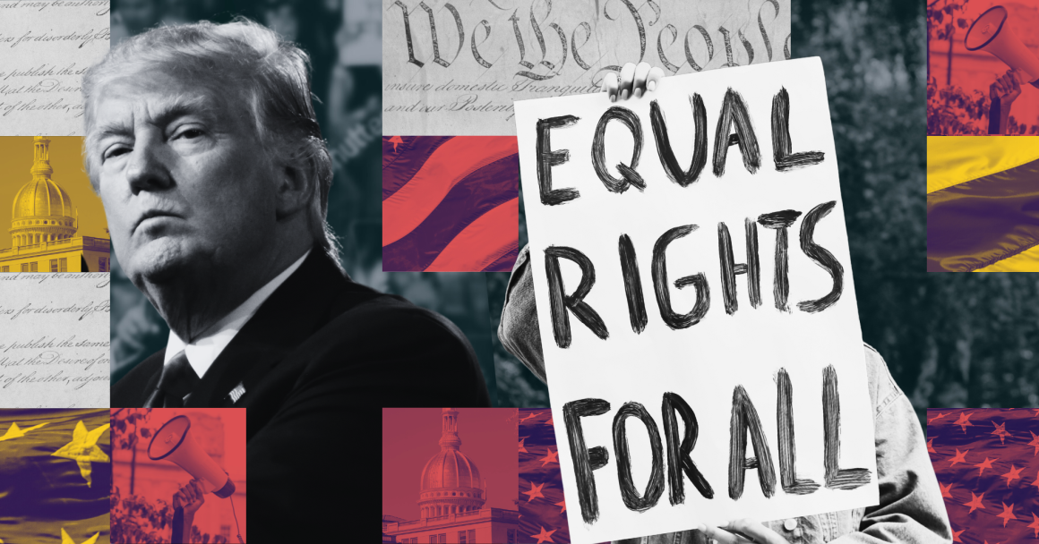 A collage including the face of President Donald Trump, a protest sign reading "Equal Rights for All", the NJ State House, a megaphone, and the American flag.