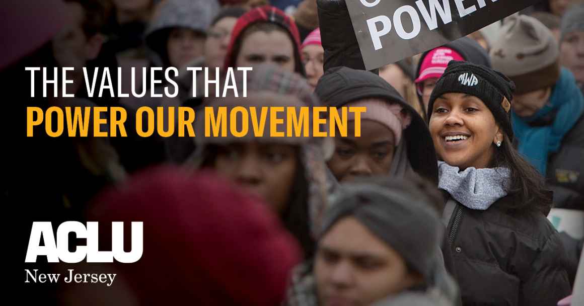 the front cover of the annual report that reads "the values that power our movement" with a protest image in the background.