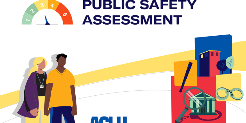 A collage of illustrated people standing in a floating white space with a collage of a building, a courthouse, handcuffs and other police weapons, with the headline: Public Safety Assessment.