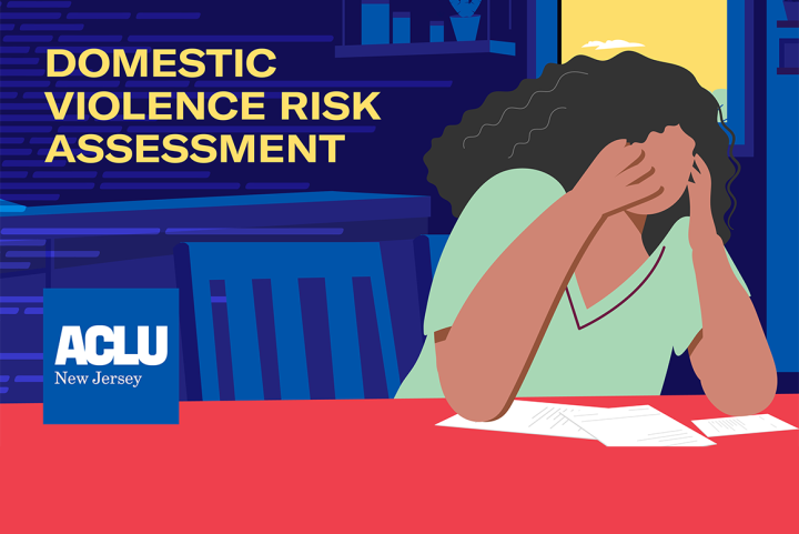 Domestic Violence Risk Assessment | ACLU of New Jersey An illustration of a woman who is sitting at a table with scattered papers in front of her. She is resting her head in her hands, in distress,
