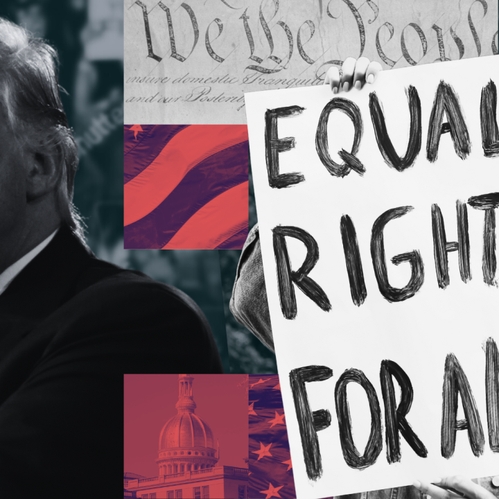 A collage including the face of President Donald Trump, a protest sign reading "Equal Rights for All", the NJ State House, a megaphone, and the American flag.