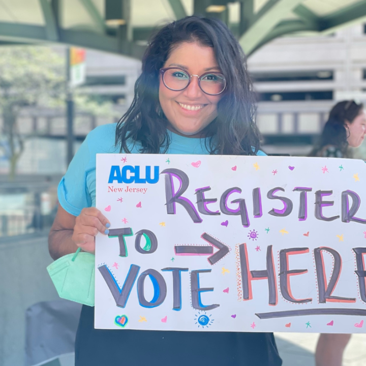 ACLU-NJ Campaign Strategist Alejandra Soto encouraging people to register to vote.