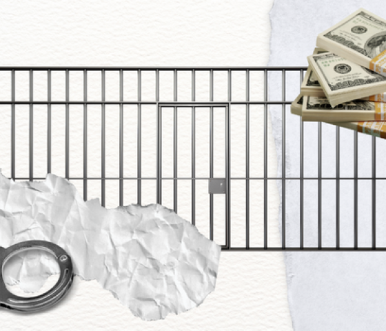 a collage of jailhouse bars surrounded with handcuffs and a stack of one hundred dollar bills.