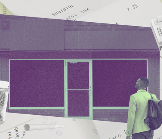 A collage of a black man staring at an empty storefront, with various imagery including: cannabis, cash register, receipts floating around him.