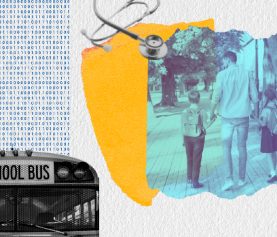 A collage of a school bus, a family walking, and a stethescope.