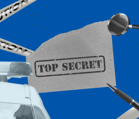 A collage of a police car, caution tape, and a piece of paper stamped with "TOP SECRET" against a blue background