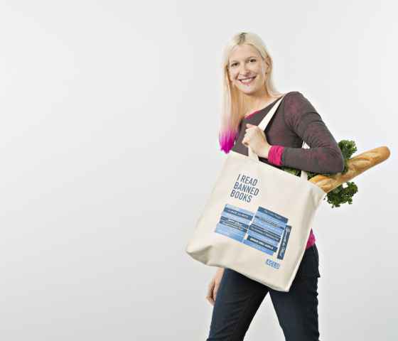 ACLU Model holding Banned Books Bag